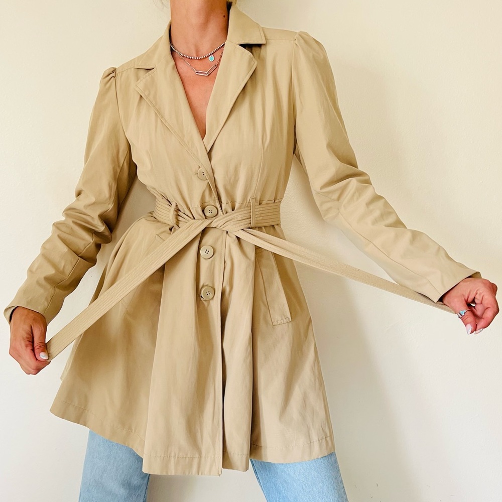 New Maurices Khaki Trench Coat Floral Liner Front Belt Pockets - Picture 6 of 10